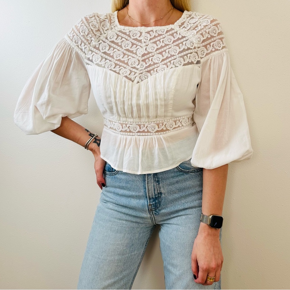 Free People romantic peasant boho blouse top embroidered lace mesh detailing - Picture 4 of 10